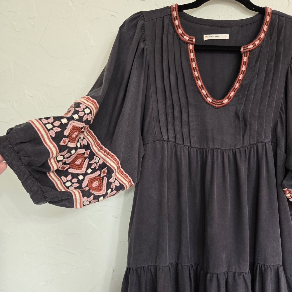 Marine Layer Gray Pink Embroidered Tiered Babydoll Dress - Picture 3 of 12